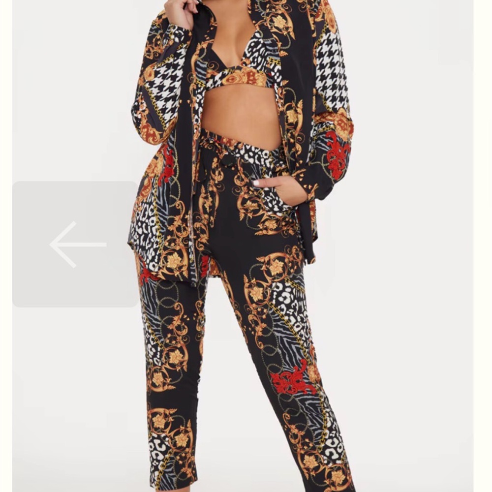 PrettyLittleThing Black and Gold Patterned 3 piece set.